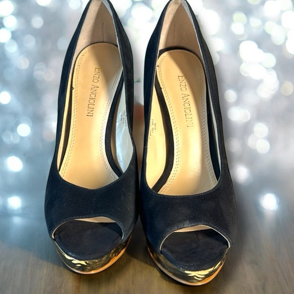 Enzo Angiolini Suede and Gold Peep Toe Pumps -  Easully High-Heel Size 6 1/2 M - Picture 3 of 10